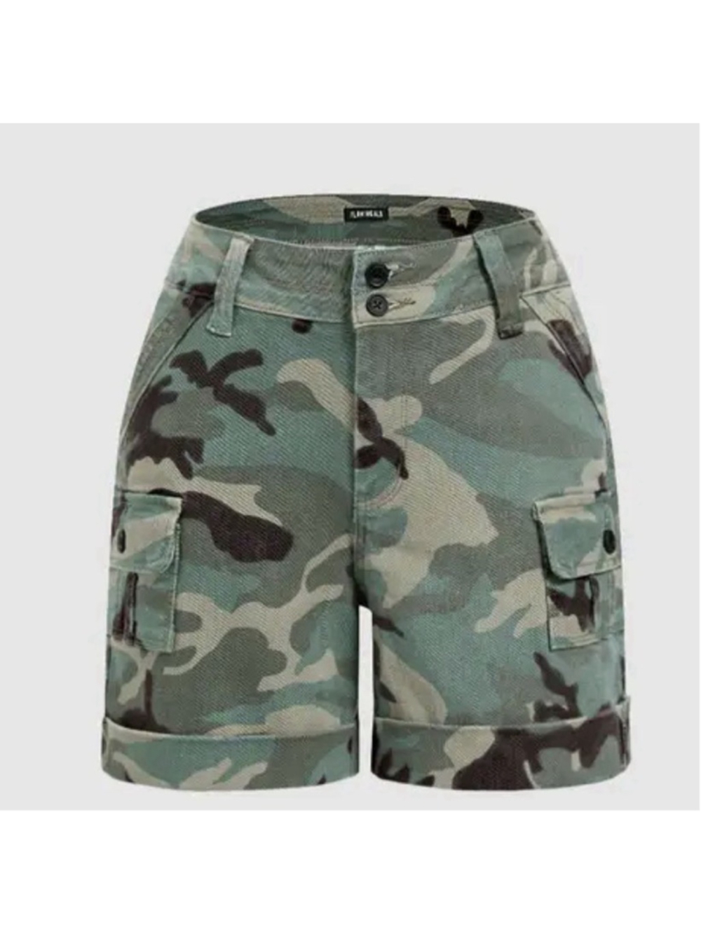 Flamingals Camo Print Roll Hem Flap Pocket Mid Rise Shorts M - Picture 5 of 7